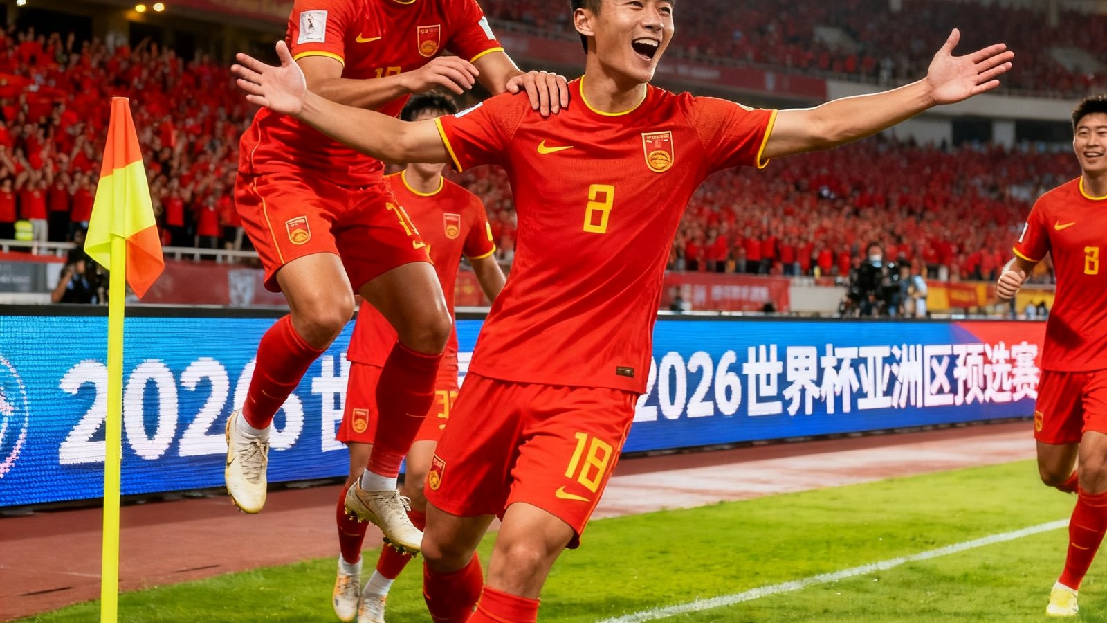 2026世界杯亚洲区预选赛中国队主场对阵日本队，武磊进球后与韦世豪等队友在角旗区激情庆祝